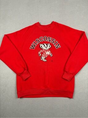 VTG Jerzees Red Wisconsin Mascot Graphic Crewneck Sweatshirt